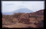 Termite mound framed by the Mountain of God